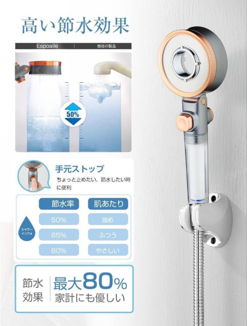シャワーヘッド 節水 塩素除去 止水ボタン 3段階モード　 浄水機能付き