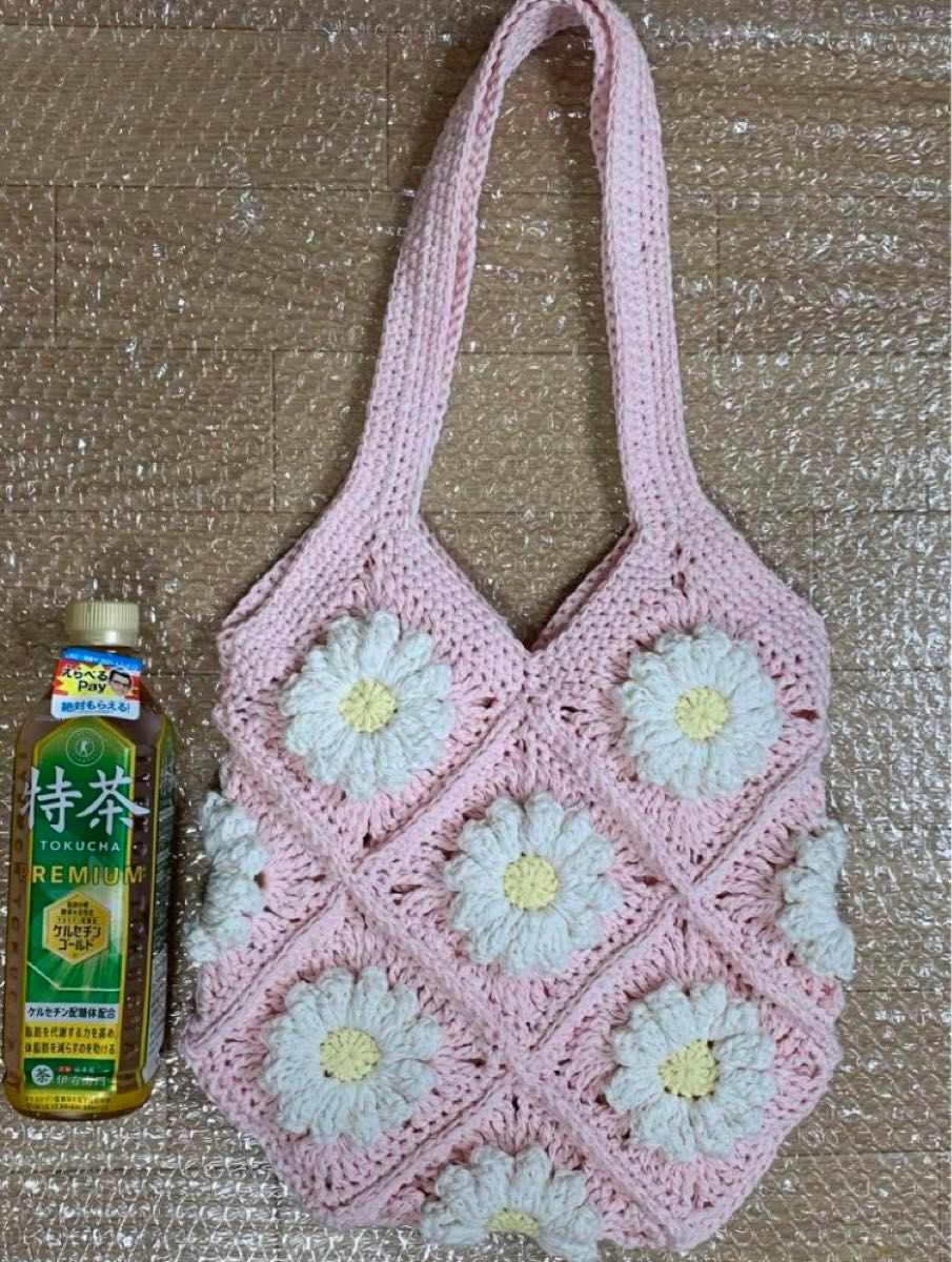 ピンクお花モチーフ手編みハンドメイドバッグ 手編みカバン ハンドメイド