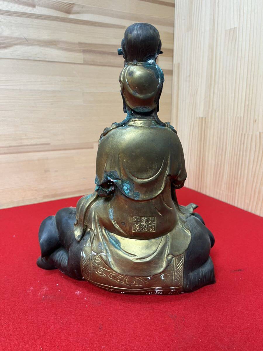 A07 仏教美術　銅製　文殊菩薩半跏像　大明宣徳年制　置物 骨董品 仏像 _画像2
