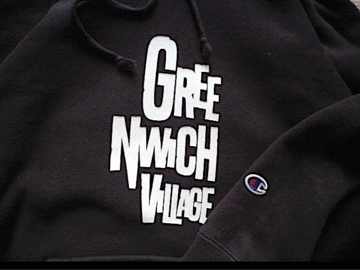 別注品 青タグ Lサイズ Champion REVERSE WEAVE プルオーバーパーカー GREENWICH VILLAGE