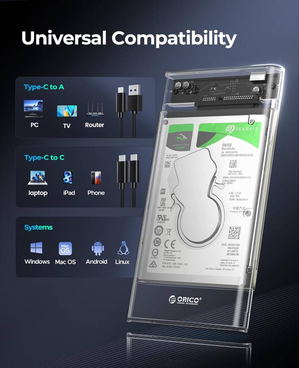 ORICO HDD/SSD case 2139C3-G2 USB-C 3.1 GEN2 2.5 -inch 6Gbps high speed C-C cable attached transparent 6TB till 9.5mm/7mm HDD/SSD correspondence static electricity prevention 