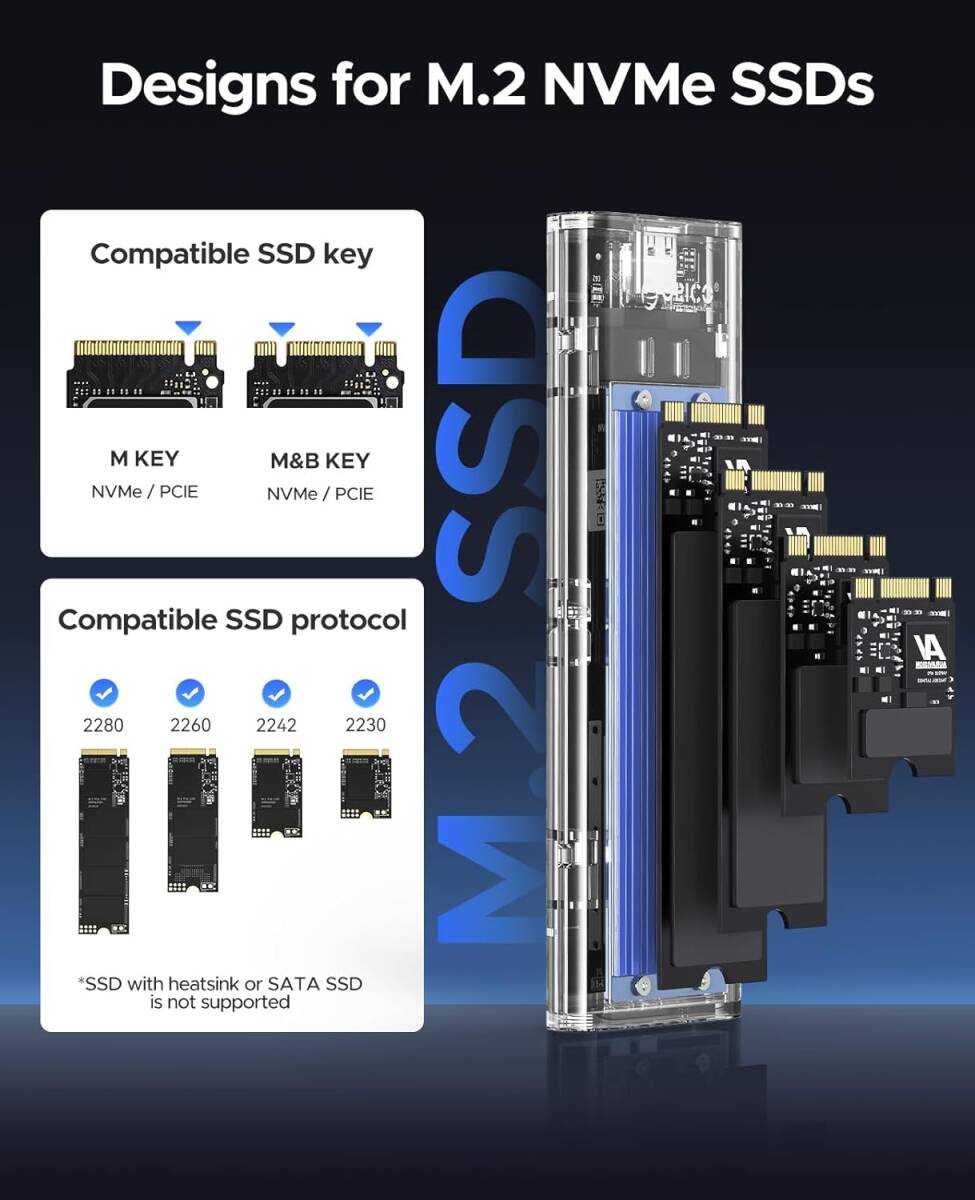 【10Gbps】 ORICO USB3.1 Nvme M.2 SSDケース M-Key/B&M Key（Nvmeのみ） Gen2 10Gbps 外付けケース 2230/2242/2260/2280 TCM2-BL_画像3