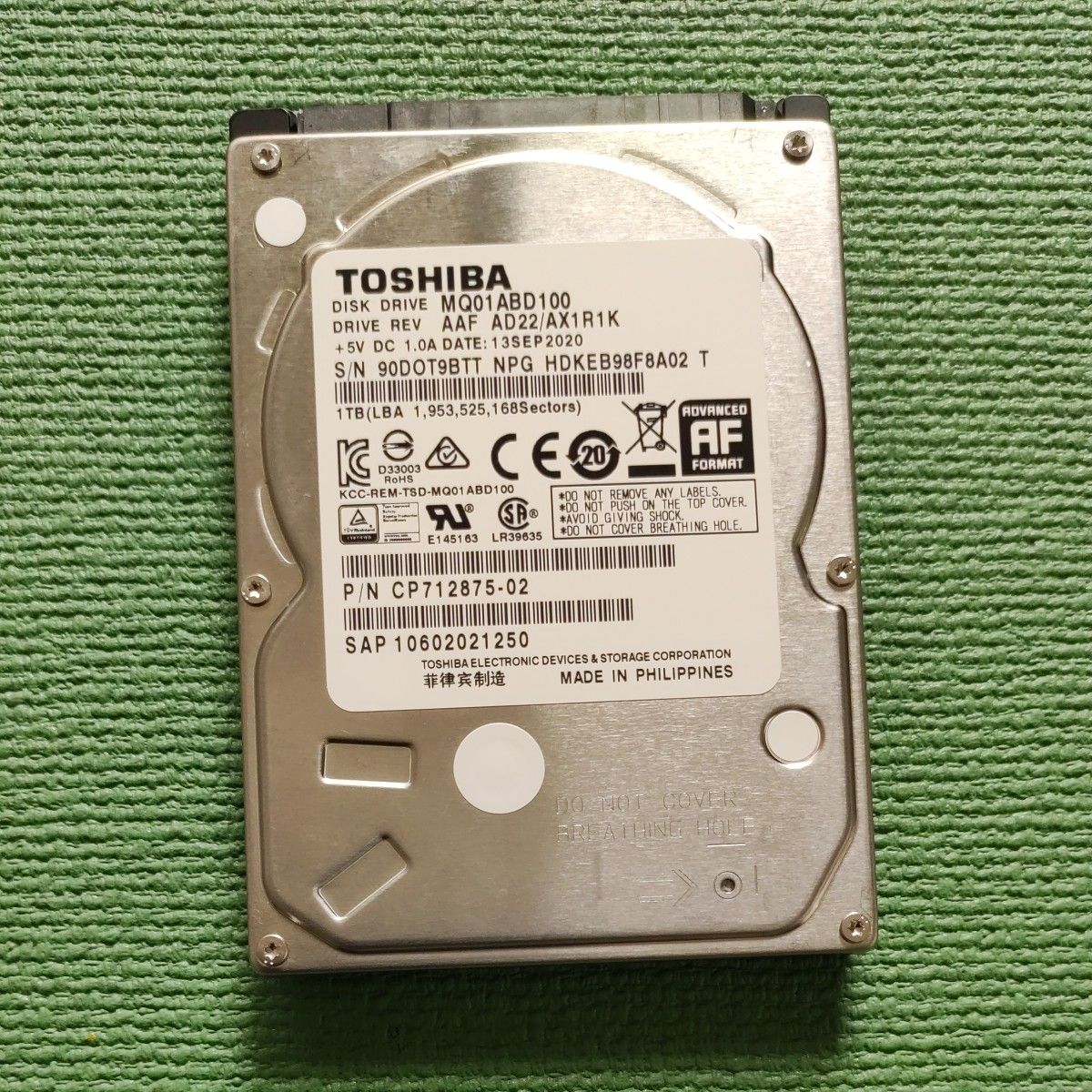 HDD 1.0TB 2.5インチ 9mm 5400RPM TOSHIBA 使用時間（極少 74H）
