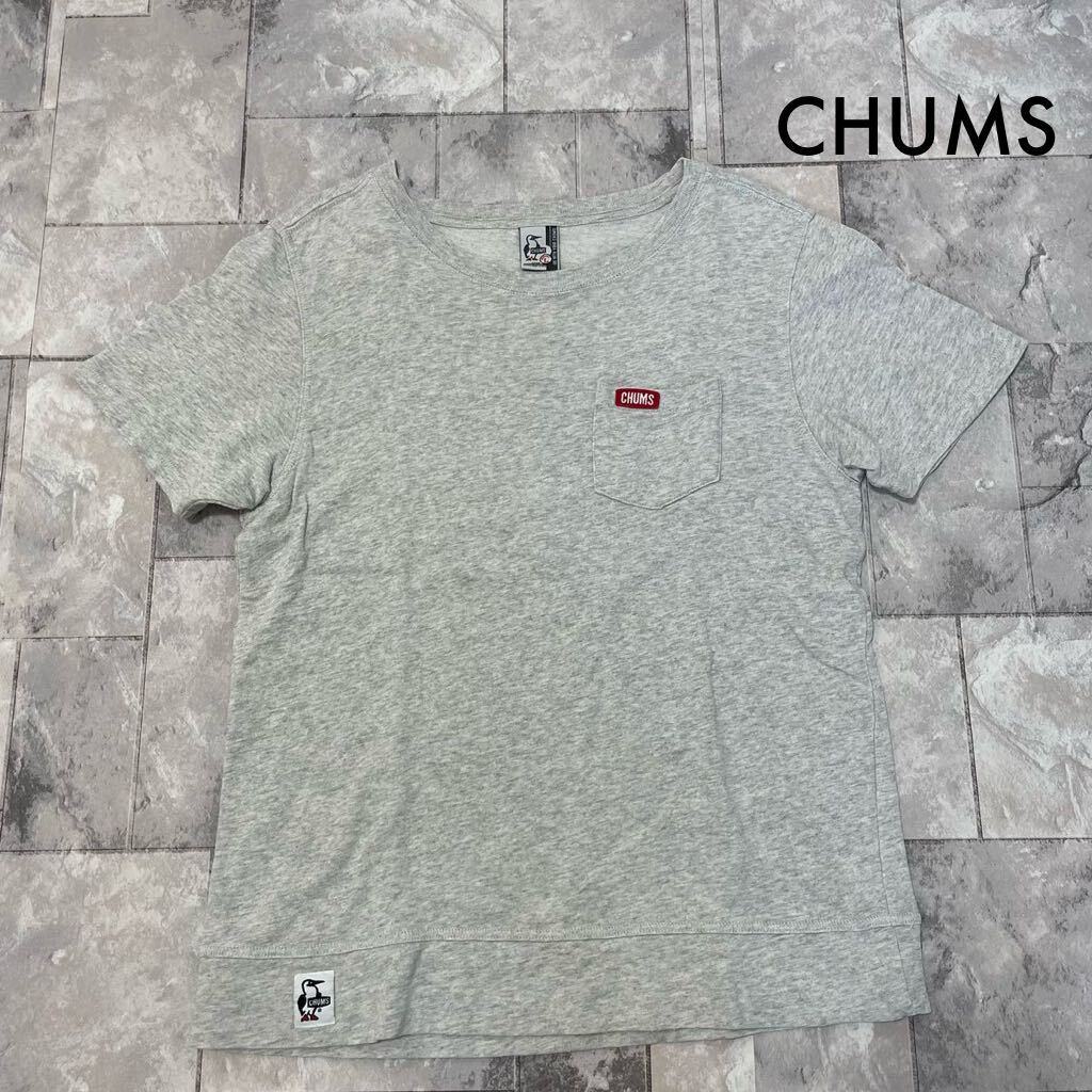 CHUMS チャムス Tシャツ T-shirt TEE 半袖 刺繍ロゴ 胸ポケット アウトドア カジュアル グレー レディース サイズL 玉SS1806_画像1