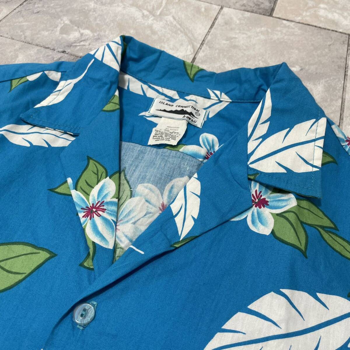 USA製 ISLAND CONNECTION アロハシャツ Aloha shirt 半袖 オープンカラー 開襟 HAWAII 総柄 ハイビスカス ブルー サイズS 玉SS1792_画像6