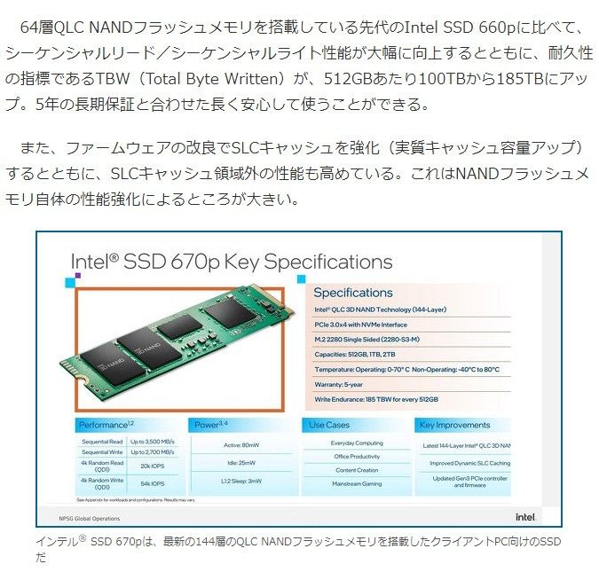 【SSD 1TB】Intel SSD 670p M.2 PCIEx4