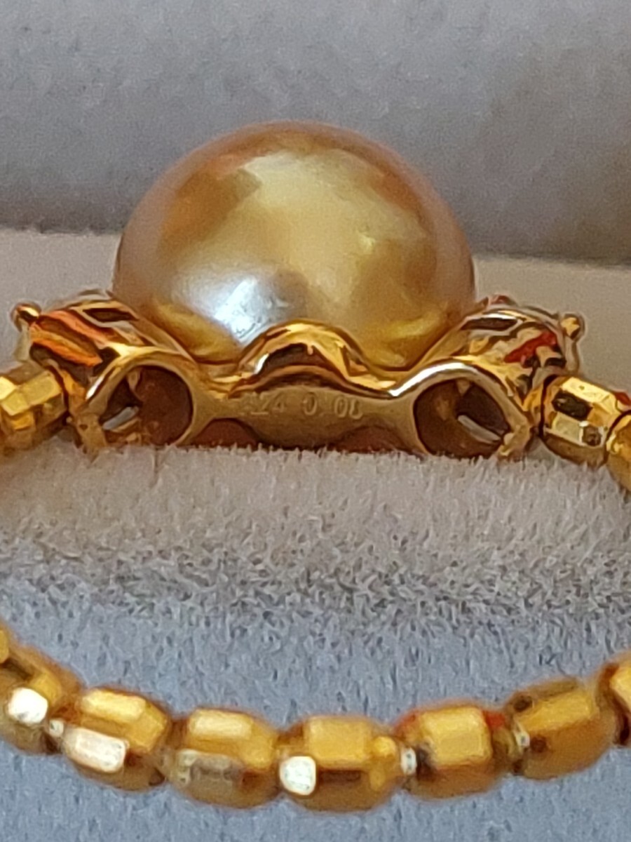 1000 jpy start!! original gold K24 White Butterfly pearl tea gold Golden pearl approximately 8.1mm/ diamond stretch ring gross weight approximately 2.3g QVC written guarantee attaching .