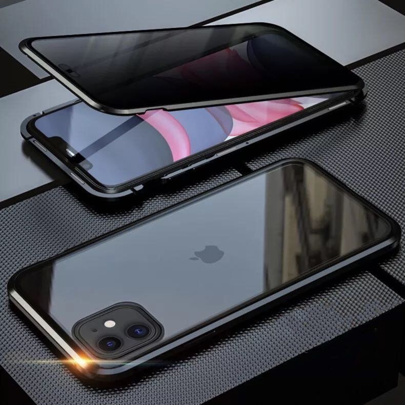 iPhone 11 ブルー 覗き見防止 両面強化ガラス 全面保護 アルミ合金 磁気吸着 耐衝撃 iPhone X S 11 12 13 14 15 Pro max mini Plus ケース