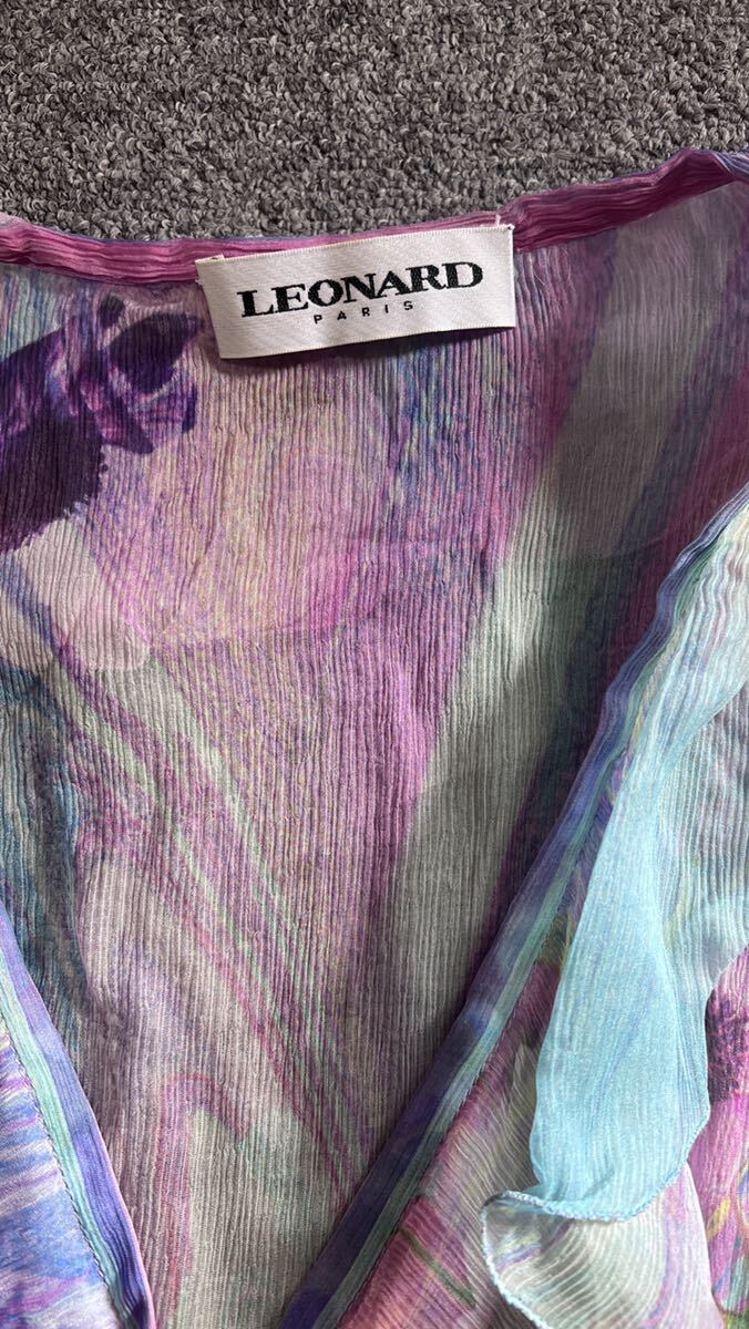 レオナール LEONARD PARIS 美品 最高級ライン シルク プリント フリル ブラウス シャツ 花柄の画像2