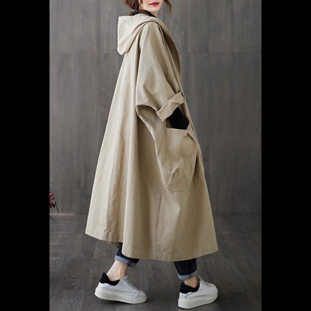 【新品】トレンチ風コート　コート　フード付き　レディース　　カーキ　体型カバー スプリングコート アウター