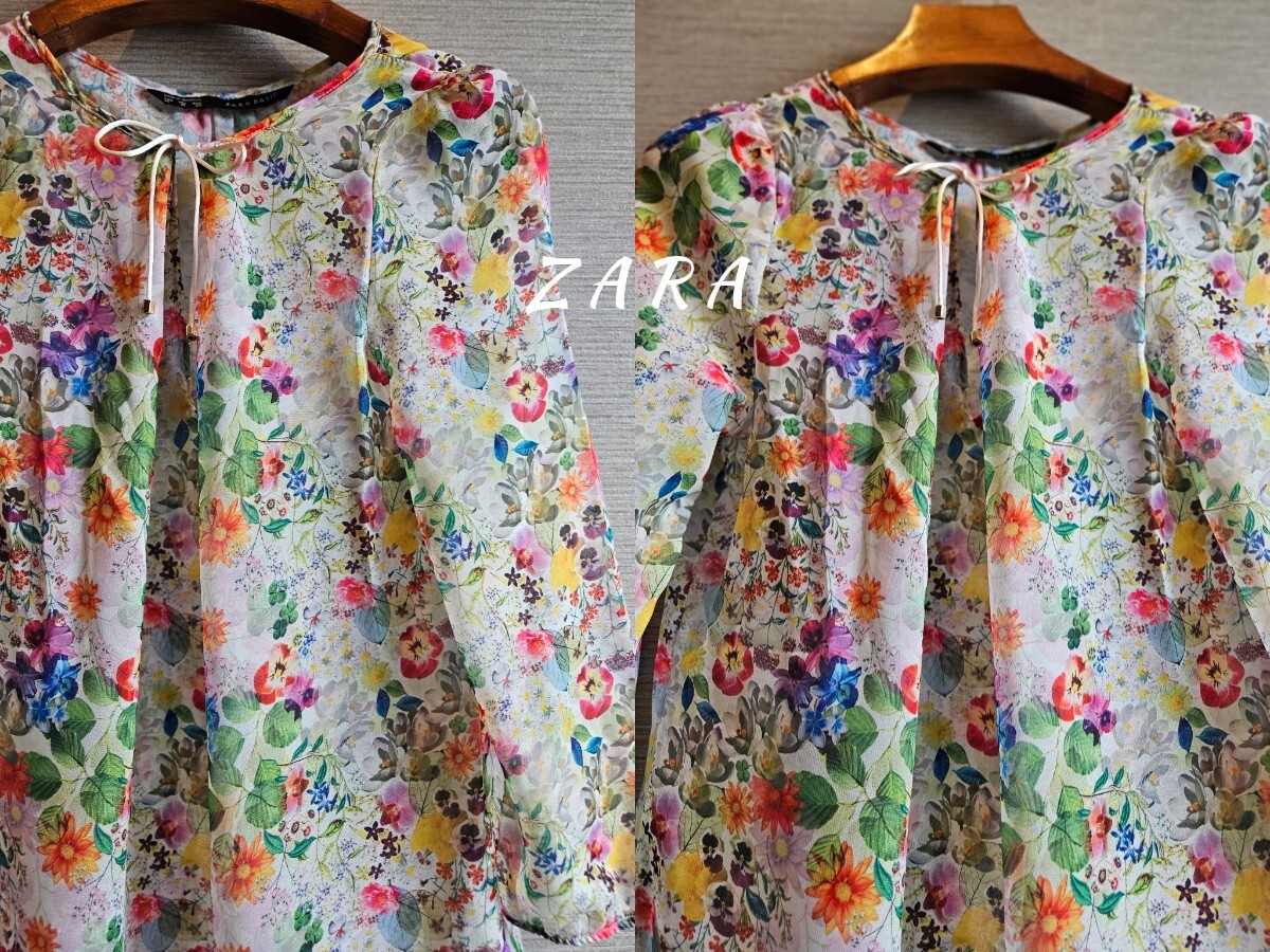 ザラ ZARA ふんわりシフォン♪鮮やかマルチフラワー♪花柄♪ブラウス サイズXS 送料185円_画像2