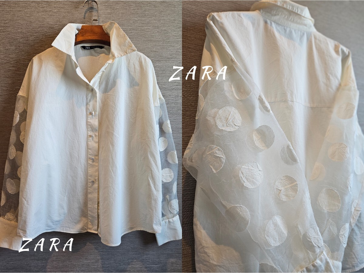 ザラ ZARA 大人可愛♪シアードット袖♪コットン♪ シャツ ブラウス クリーム サイズL 送料185円_画像1