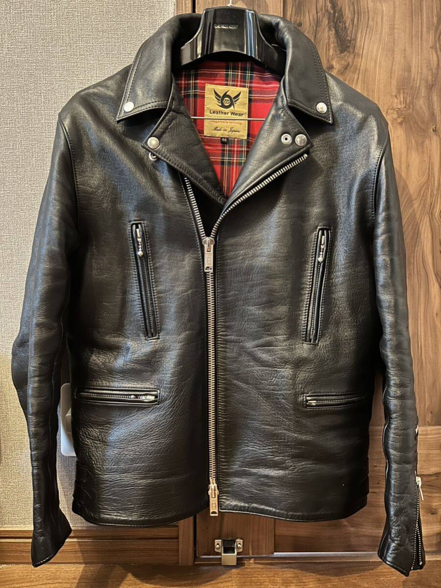 【日本製・茶芯】サイズ40(L〜XL程度)666 LEATHER WEARレザージャケット ダブルライダース ホースハイド 馬革 ブラック ※一部難あり_画像1