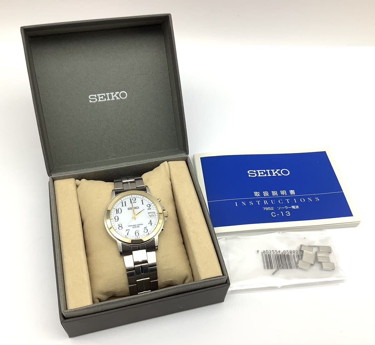 稼働品 SEIKO セイコー 7B52-0AG0 スピリット コンビカラー デイトレンズ 電波ソーラー 白文字盤 メンズ腕時計 ケース付_画像1