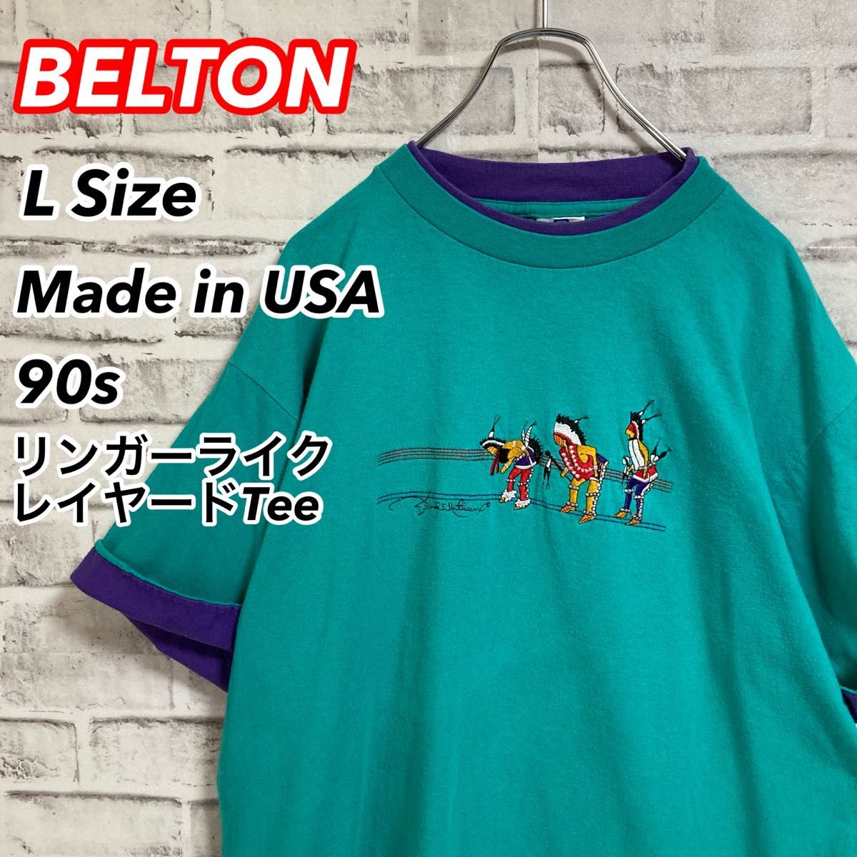 激レアレイヤードTee★USA製 リンガー ライク Tシャツ 90s 刺繍 ツートン vintage アメリカ USA 古着