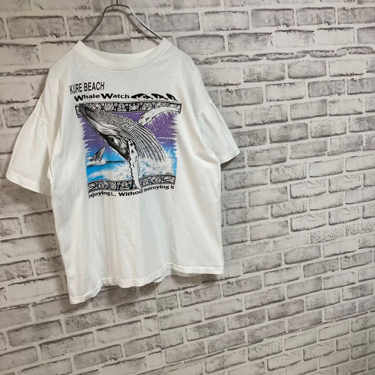 レアスーベニアTee★90s アートTee クレビーチ クジラ ホエール シングルステッチ アニマル vintage USA 古着