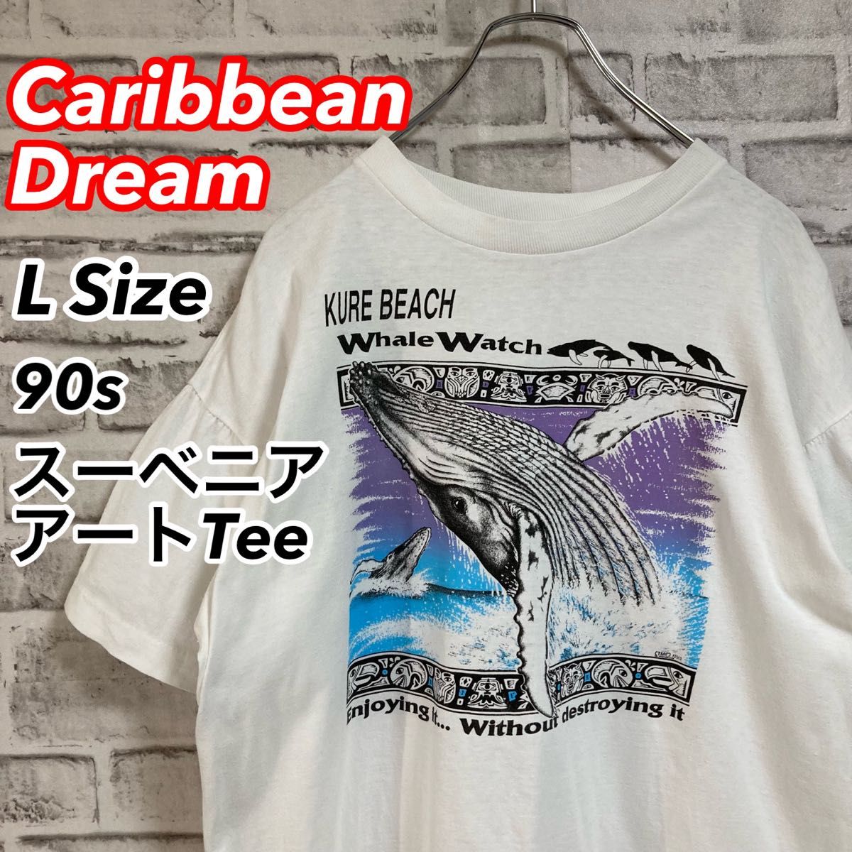 レアスーベニアTee★90s アートTee クレビーチ クジラ ホエール シングルステッチ アニマル vintage USA 古着