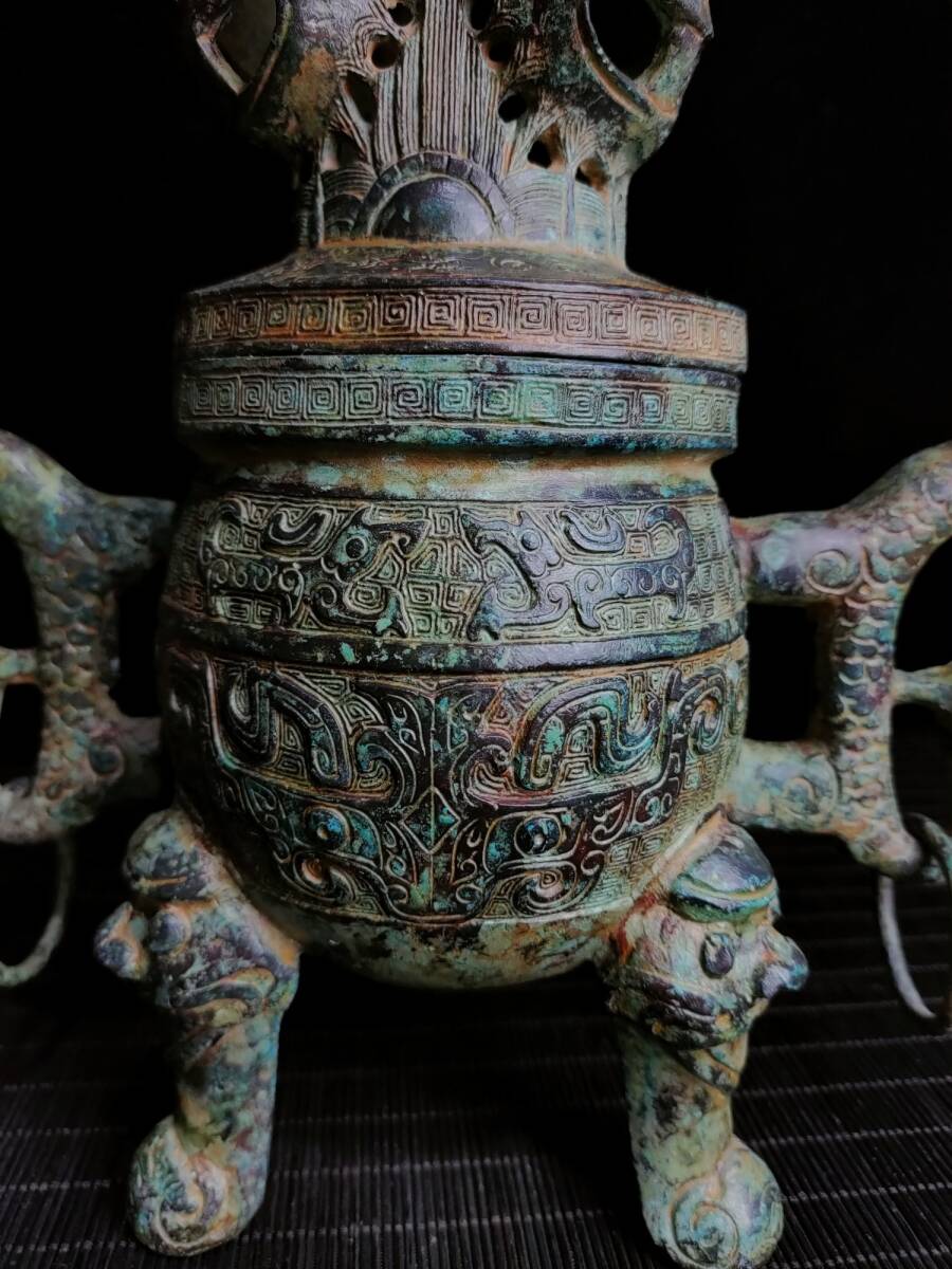 旧藏 青銅器 中国戦国時代の青銅双龍薫鼎 時代物 中國古美術 旧藏 青銅器 中国戦国時代の青銅双龍薫鼎 時代物 中國古美術
