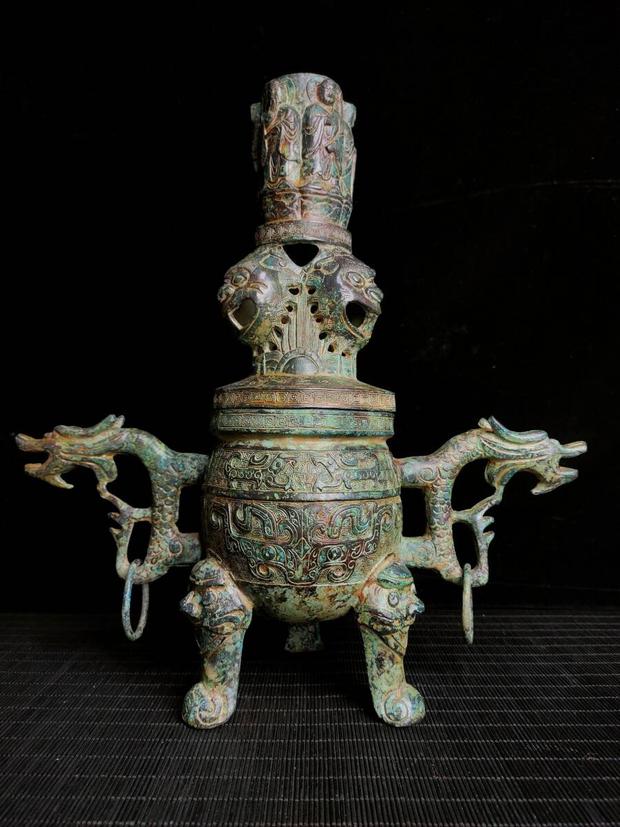 旧藏 青銅器 中国戦国時代の青銅双龍薫鼎 時代物 中國古美術 旧藏 青銅器 中国戦国時代の青銅双龍薫鼎 時代物 中國古美術