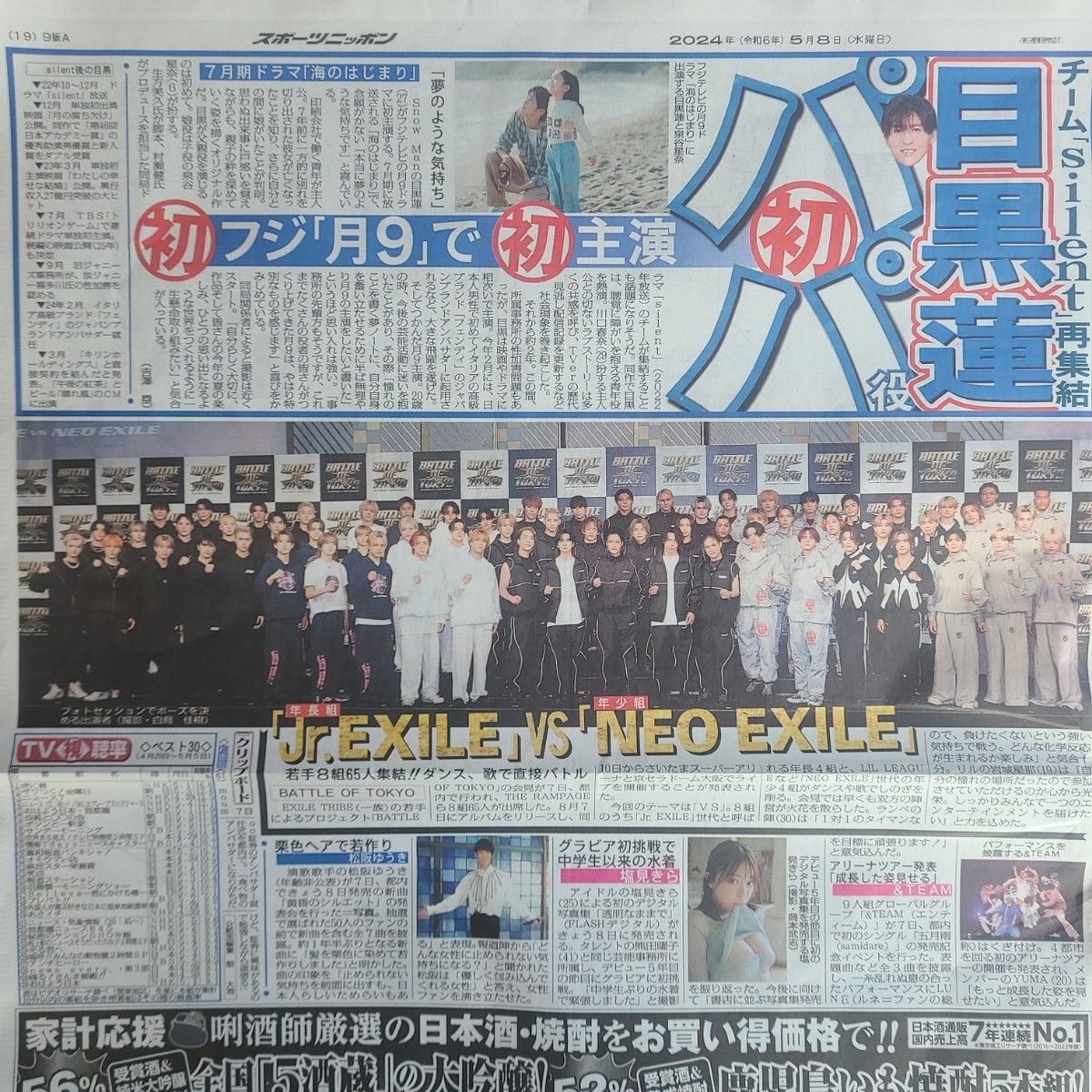 5月8日 朝刊　目黒蓮さん連ドラパパ役初挑戦！スポーツ紙全6社