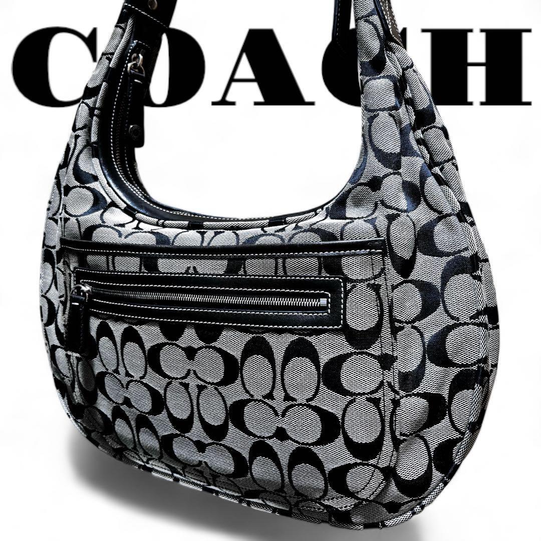 美品 COACH ワンショルダー バッグ シグネチャー ブラック コーチ