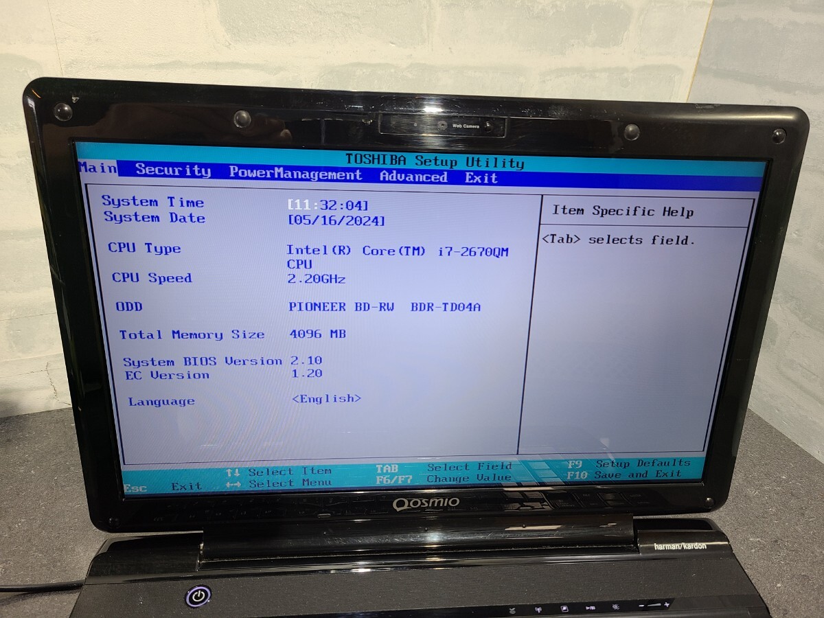 【現状品】管1B129 TOSHIBA dynabook Qosmio T751/T8EB PT751T8EBFB core i7-2670QM Bios起動OK HDD無し、メモリー4GB、バッテリー有り _画像2