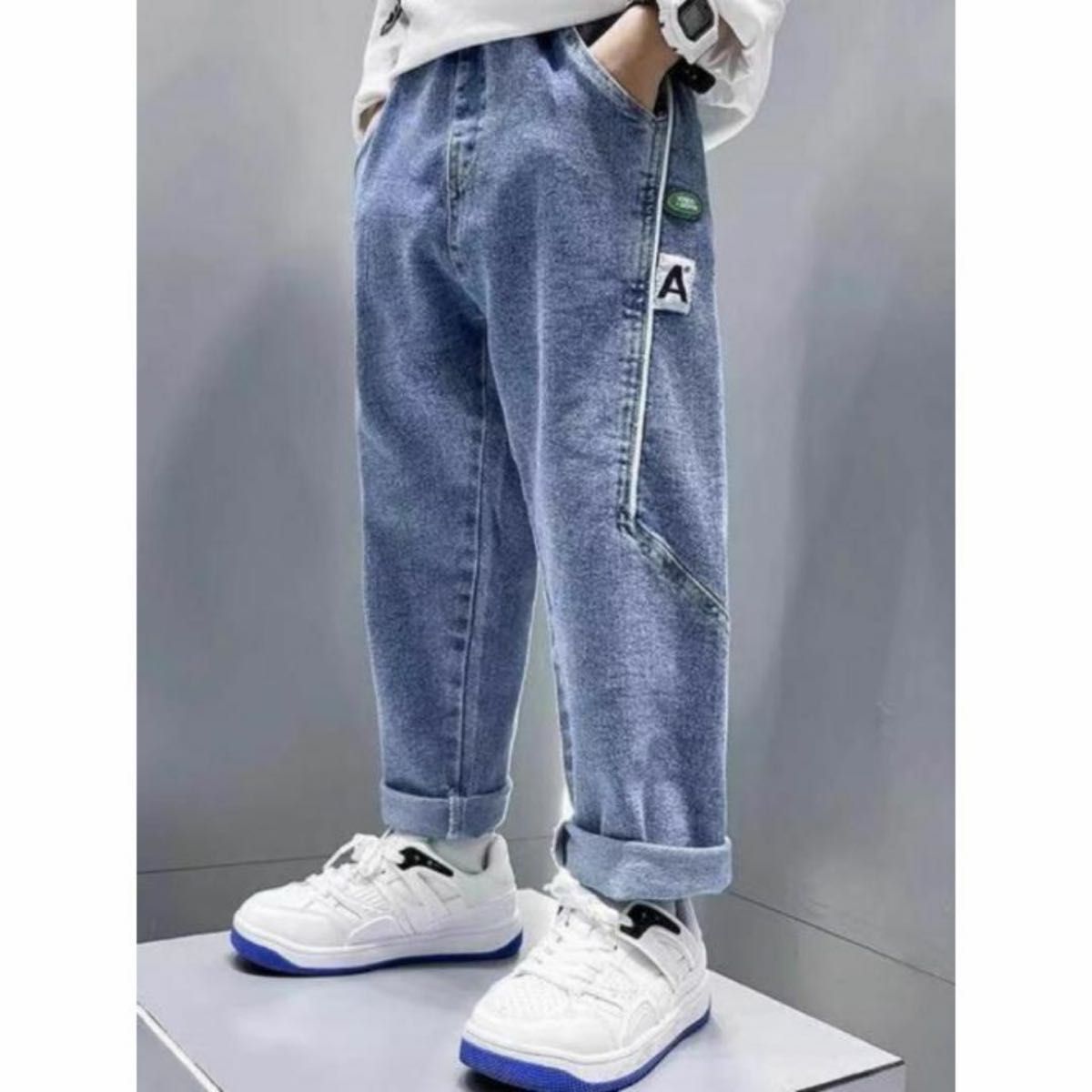 キッズジーンズパンツ130サイズボトムスブルーこども子供男の子男児女児韓国子供服 ジーンズ ボトムス ズボン デニム パンツ