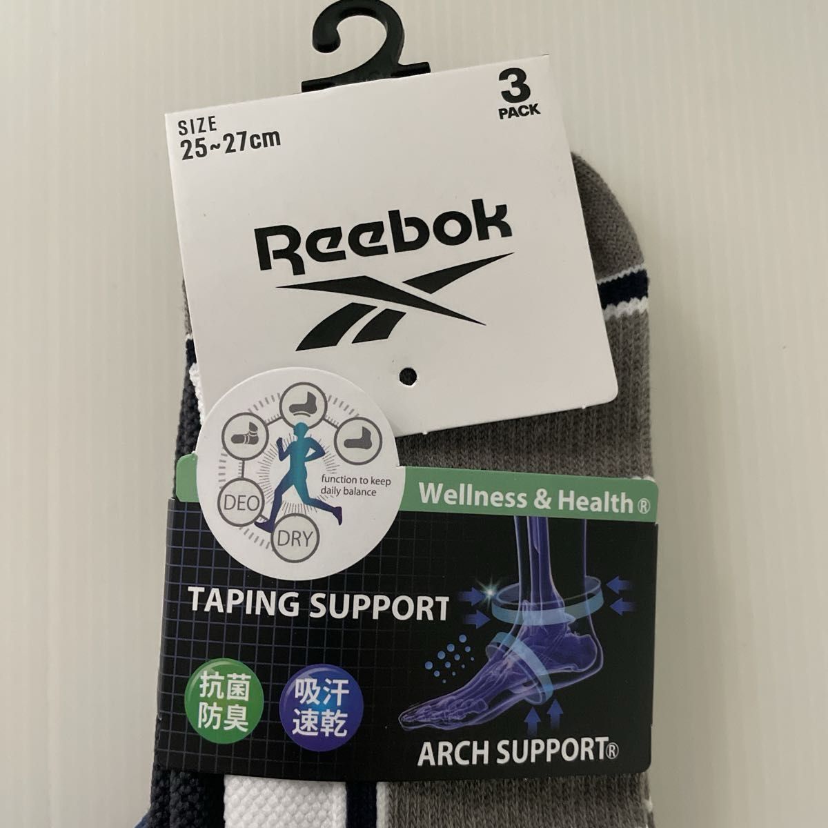 新品☆リーボック Reebok 抗菌防臭 吸汗速乾 TAPING SUPPORT 靴下 ソックス 3足（25-27cm）