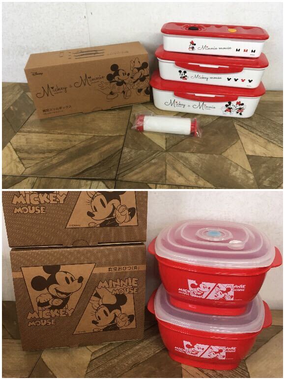 N kitchen miscellaneous goods 2] Disney Mickey minnie vacuum slim box vacuum wooden container for cooked rice ( angle ) together 3 point set airtight container preservation container unused goods present condition 