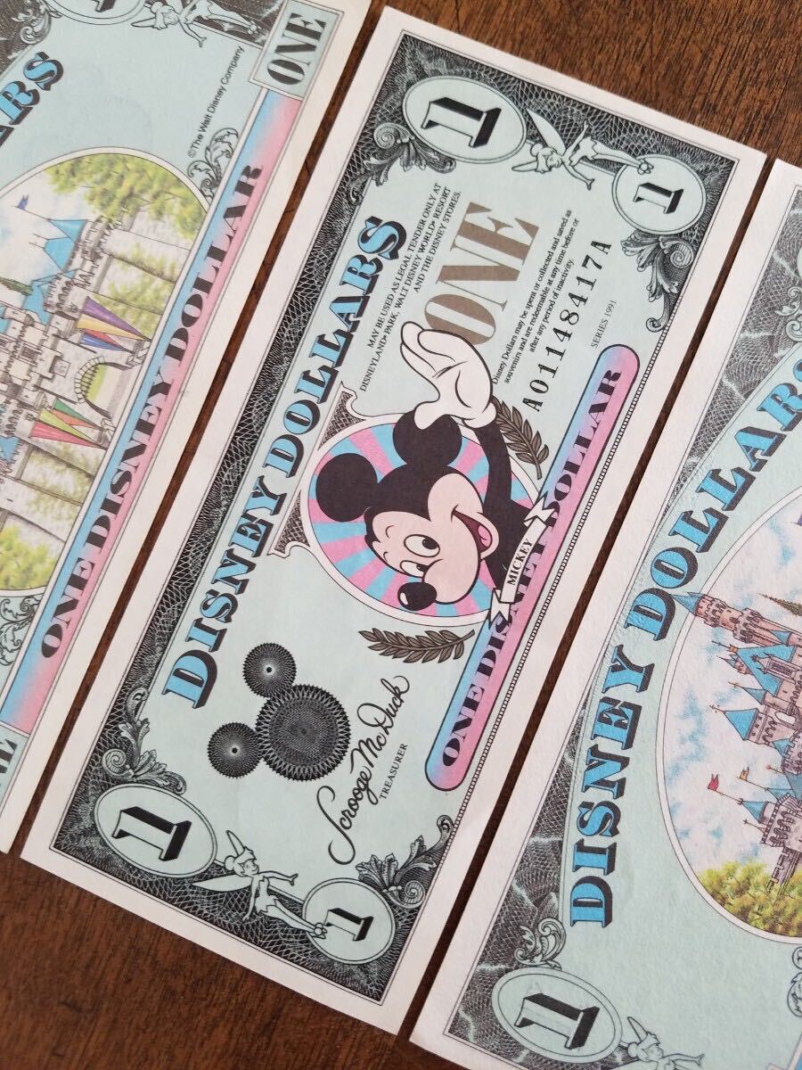 当時物 レア 90s DISNEY DOLLARS ディズニー ダラー 1ドル 紙幣 4枚 セット 1990 1991 MICKEY ミッキー マウス ビンテージ レトロ グッズ _画像9