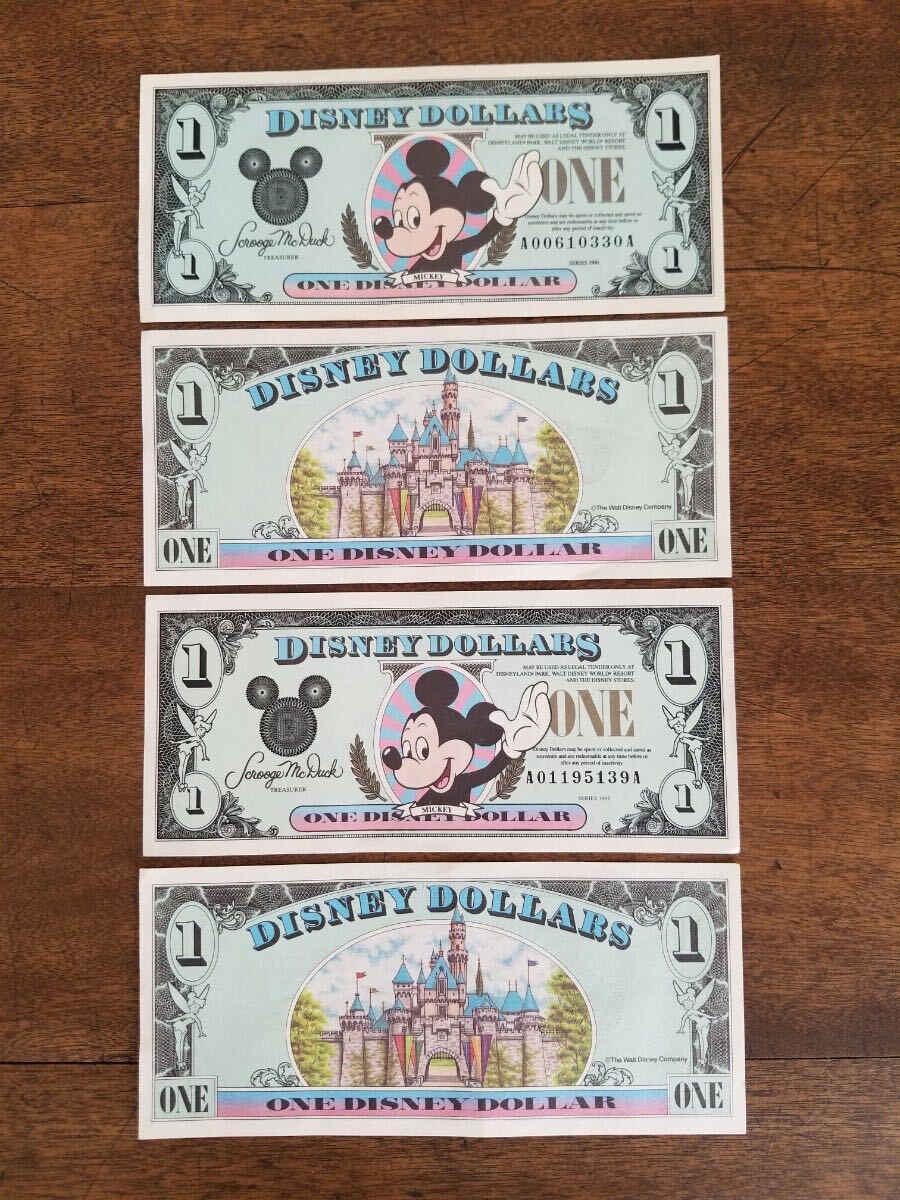 当時物 レア 90s DISNEY DOLLARS ディズニー ダラー 1ドル 紙幣 4枚 セット 1990 1991 MICKEY ミッキー マウス ビンテージ レトロ グッズ _画像1