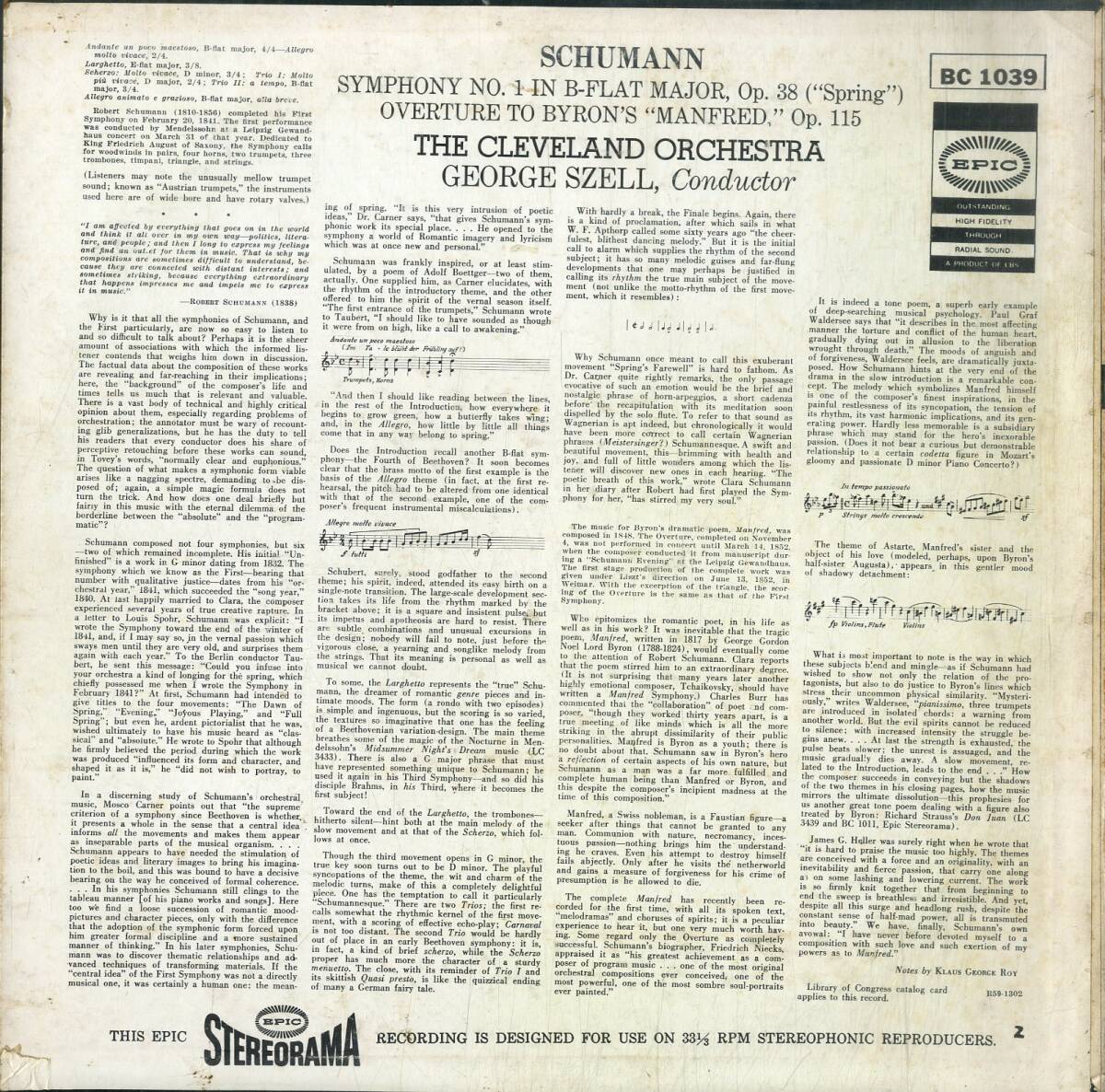 A00593512/LP/ジョージ・セル「ロベルト・シューマン/交響曲第1番」の画像2
