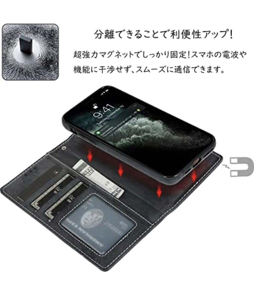 iPhone13promax用 スマホケース 手帳型 分離式 Iphone スマホカバー マグネット 取り外し自由 ワイヤレス充電対応_画像7