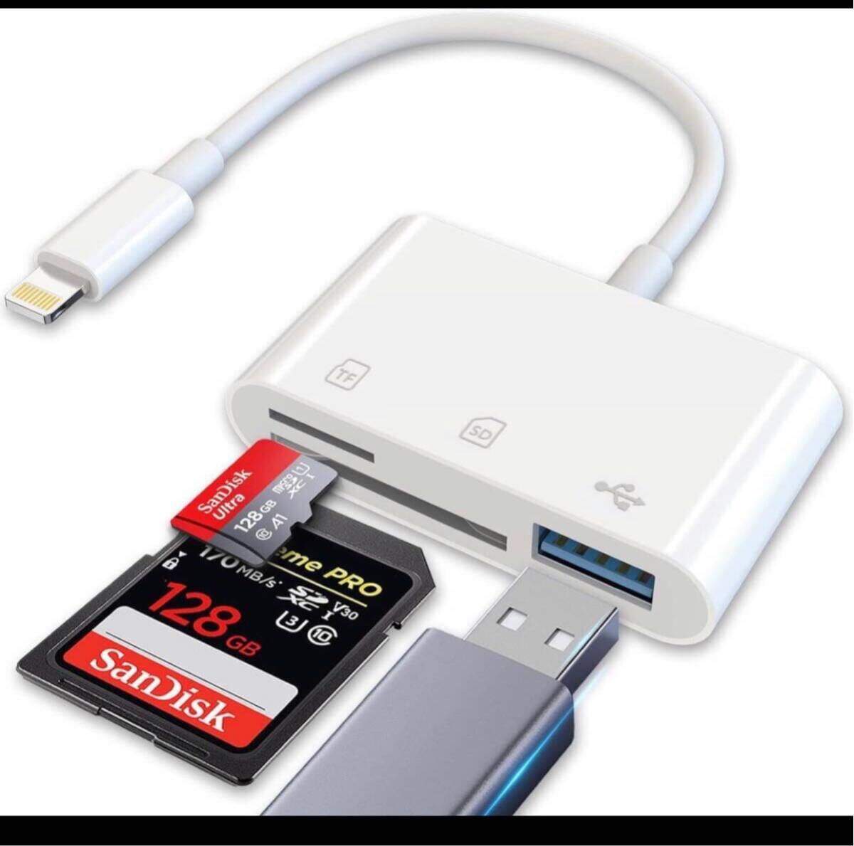 iPhone SDカードリーダー 3in1 USB/SD/TF変換アダプタ 設定不要 写真/ビデオ USB3.0 高速 双方向転送_画像1