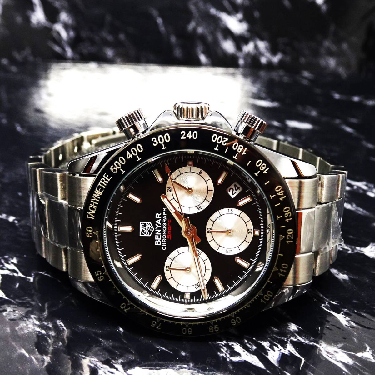 〓送料無料〓新品〓BENYARブランド・メンズ・クロノグラフ・24時間、カレンダー表示・クオーツ式腕時計・フルメタル・パンダウオッチの画像3