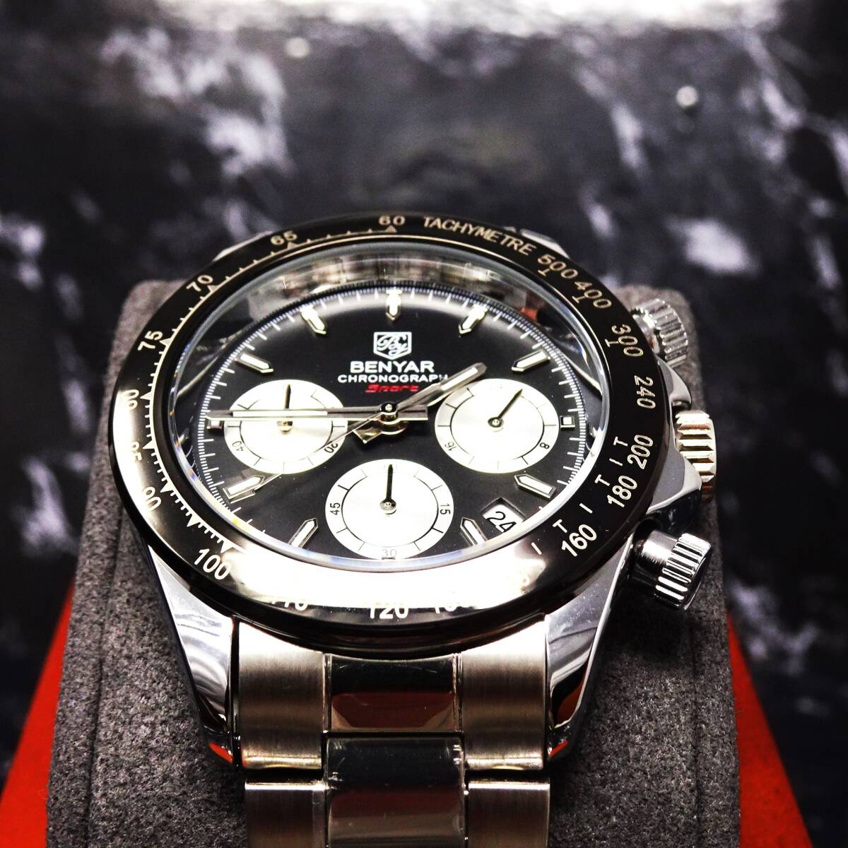 〓送料無料〓新品〓BENYARブランド・メンズ・クロノグラフ・24時間、カレンダー表示・クオーツ式腕時計・フルメタル・パンダウオッチの画像5