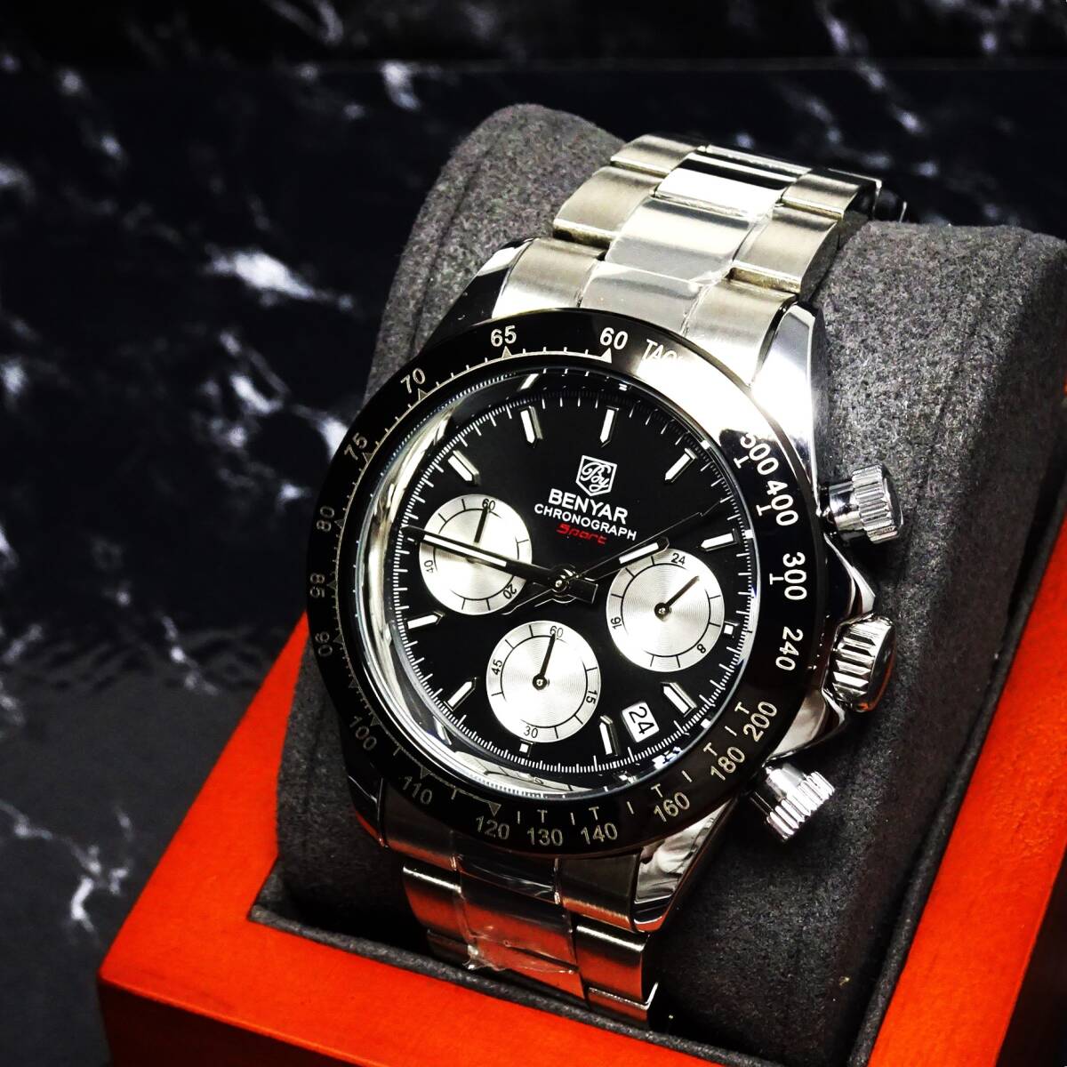 〓送料無料〓新品〓BENYARブランド・メンズ・クロノグラフ・24時間、カレンダー表示・クオーツ式腕時計・フルメタル・パンダウオッチの画像6
