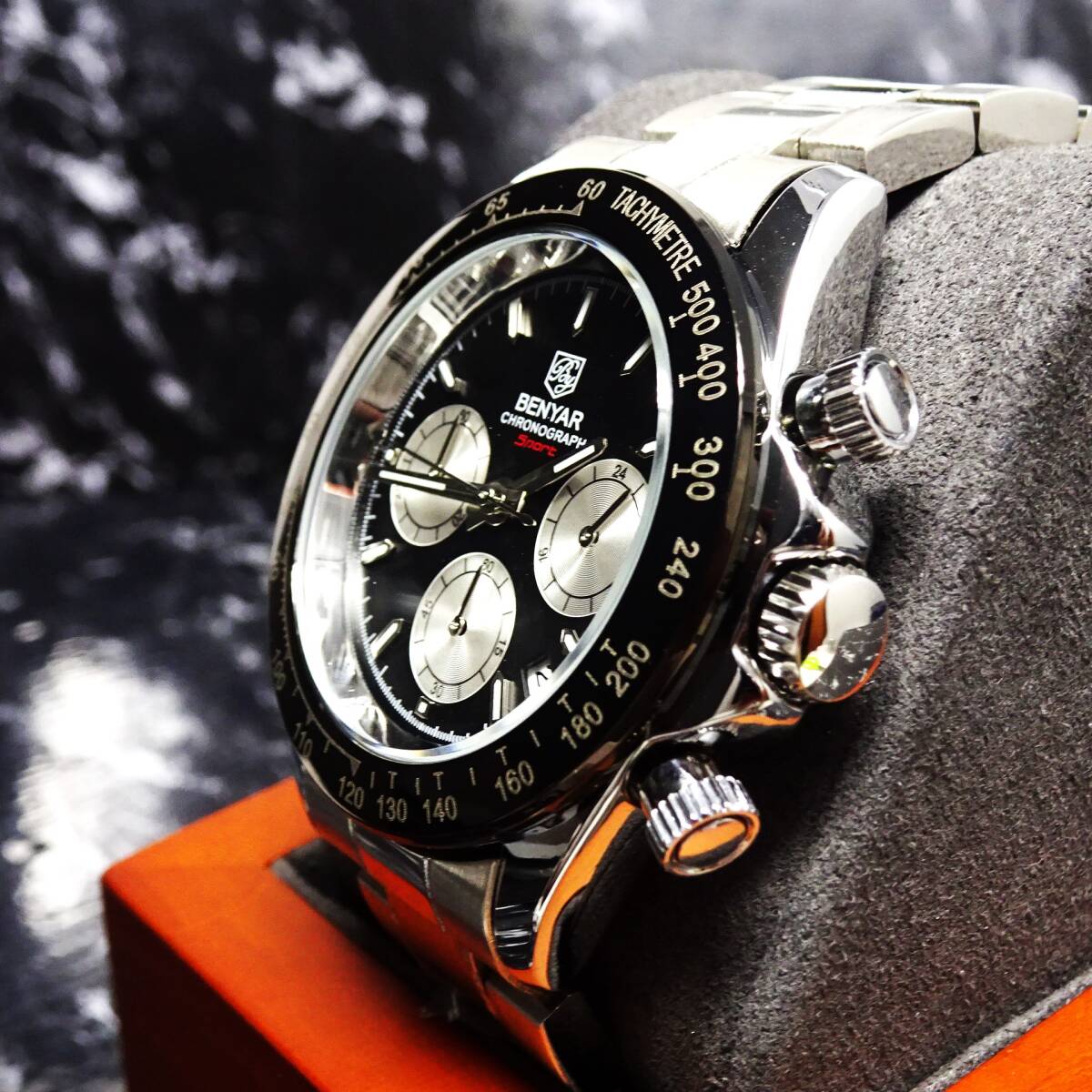 〓送料無料〓新品〓BENYARブランド・メンズ・クロノグラフ・24時間、カレンダー表示・クオーツ式腕時計・フルメタル・パンダウオッチの画像9