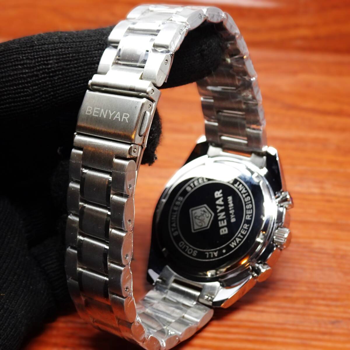 送料無料・新品・BENYARブランド・メンズ・クロノグラフ・24時間、カレンダー表示・クオーツ式腕時計・フルメタルスポーツモデル_画像6
