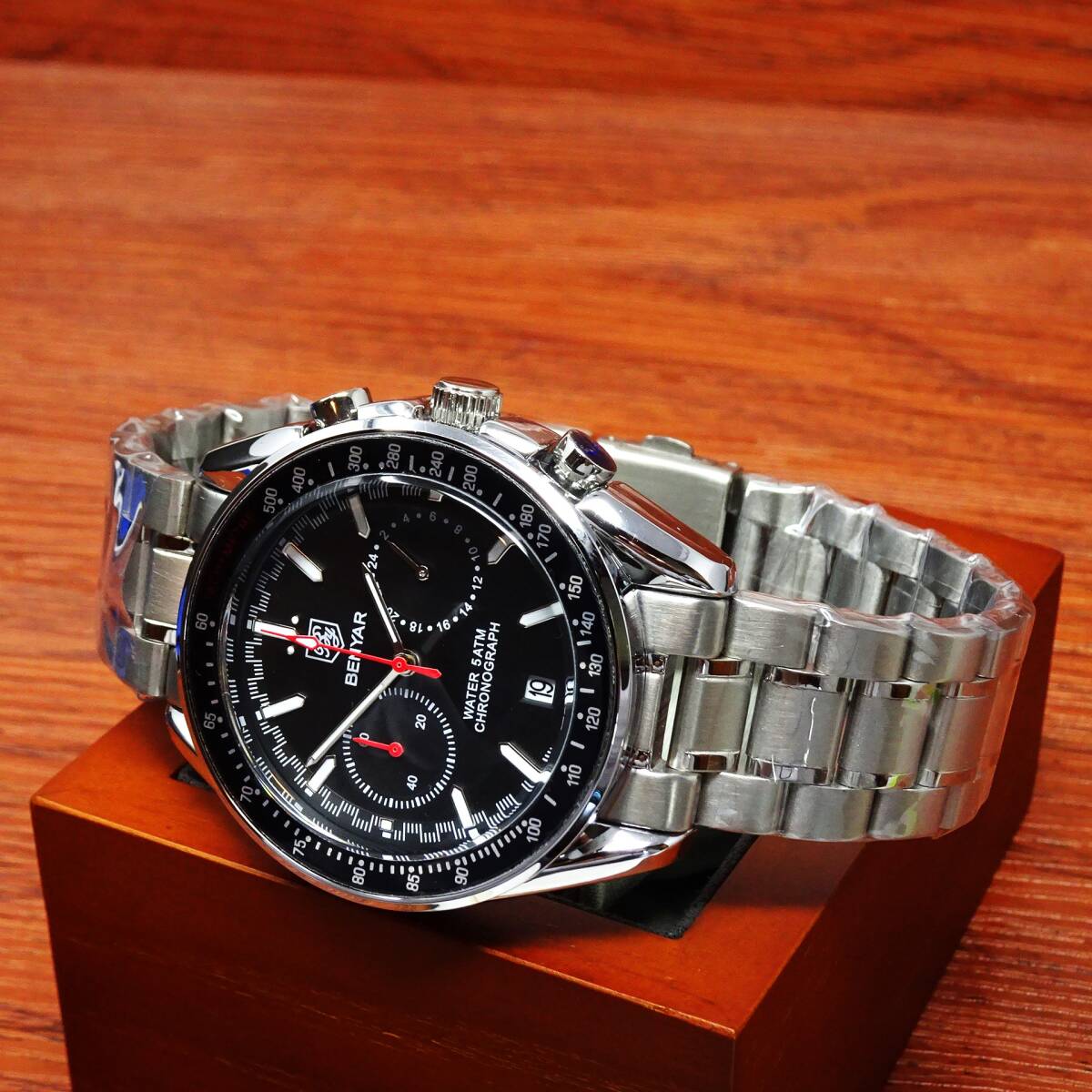 送料無料・新品・BENYARブランド・メンズ・クロノグラフ・24時間、カレンダー表示・クオーツ式腕時計・フルメタルスポーツモデルの画像2