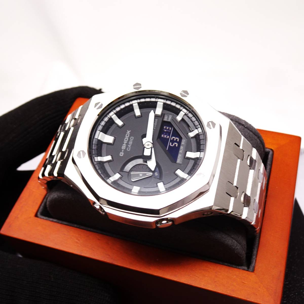 送料無料・新品・Gショックカスタム本体付きGA2100海外オールステンレス製シルバーベゼルベルトモデルメンズ腕時計・カシオーク・の画像1