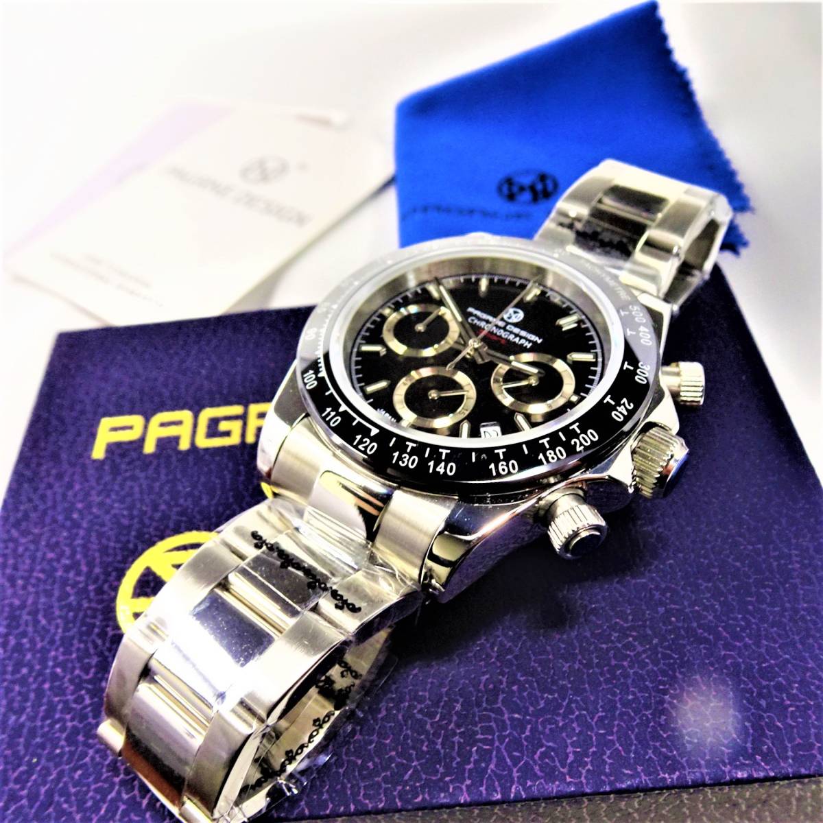 送料無料・新品・パガーニデザイン・メンズ・セイコー製VK63クロノグラフクオーツ式腕時計 ・オマージュウオッチ・ステンレス・ブラック_画像7