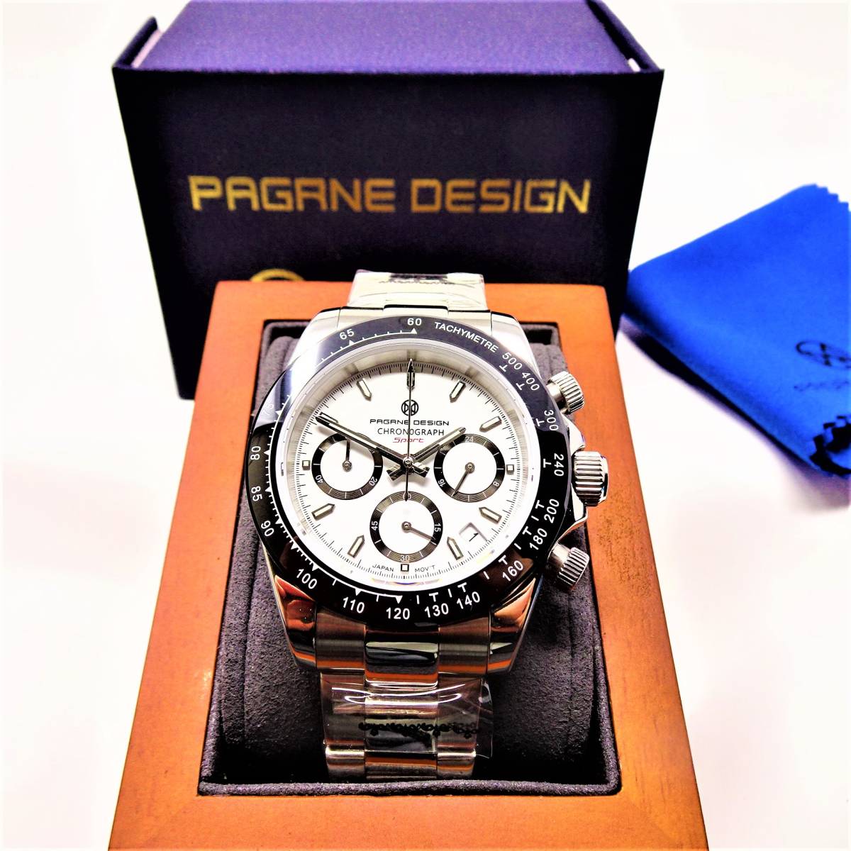送料無料・新品・パガーニデザイン・セイコー製VK63クロノグラフ式腕時計 ・オマージュウオッチ・ステンレスモデル・ホワイト文字盤文字盤の画像1