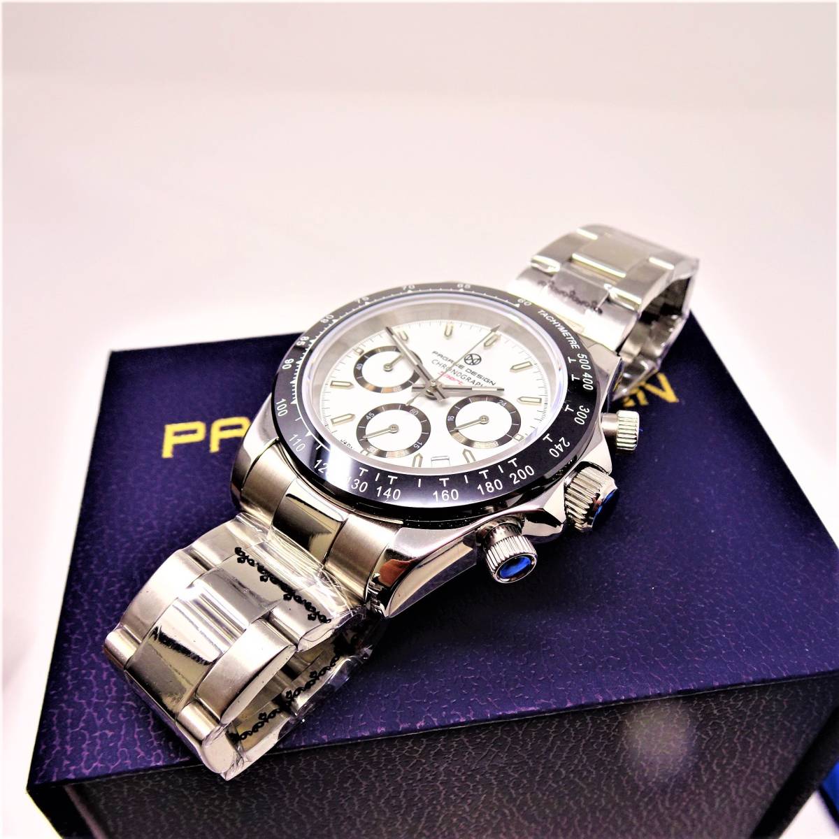 送料無料・新品・パガーニデザイン・セイコー製VK63クロノグラフ式腕時計 ・オマージュウオッチ・ステンレスモデル・ホワイト文字盤文字盤の画像5
