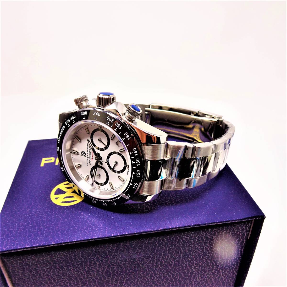 送料無料・新品・パガーニデザイン・セイコー製VK63クロノグラフ式腕時計 ・オマージュウオッチ・ステンレスモデル・ホワイト文字盤文字盤の画像7