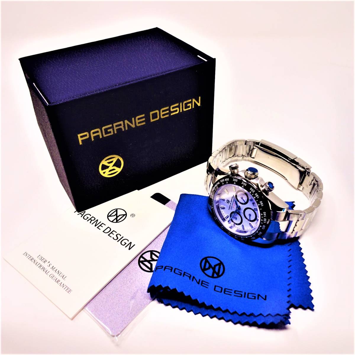 送料無料・新品・パガーニデザイン・セイコー製VK63クロノグラフ式腕時計 ・オマージュウオッチ・ステンレスモデル・ホワイト文字盤文字盤の画像8