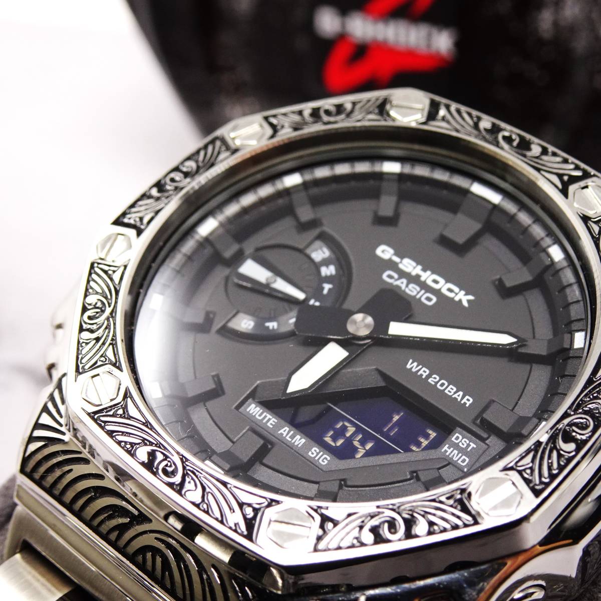 送料無料・新品・GショックCUSTOM・MADE腕時計本体付GA2100ステンレス製ベネチアン柄エンボス加工ベゼル・メタルベルト・カシオークの画像6