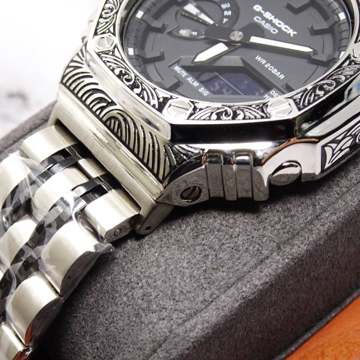 送料無料・新品・GショックCUSTOM・MADE腕時計本体付GA2100ステンレス製ベネチアン柄エンボス加工ベゼル・メタルベルト・カシオークの画像5