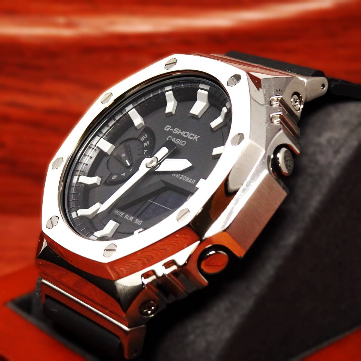 送料無料・新品・Gショックカスタム腕時計本体付きGA2100海外ステンレス製シルバーベゼルシリコンラバーベルトモデルメンズ・カシオーク_画像7