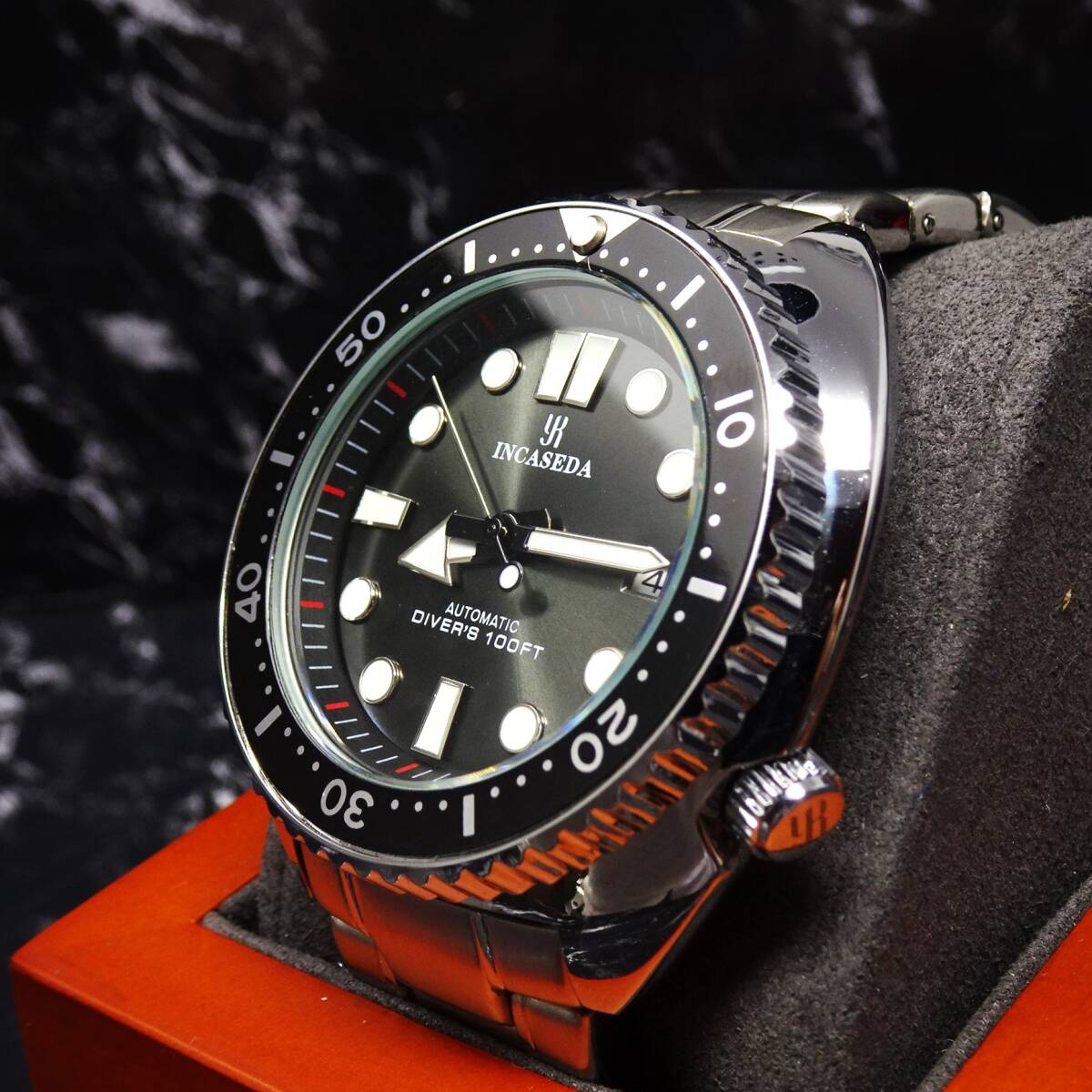  free shipping = new goods =INCASEDA brand = 3 hands calendar machine oma-ju watch wristwatch * black bezel * full metal model * abalone design 